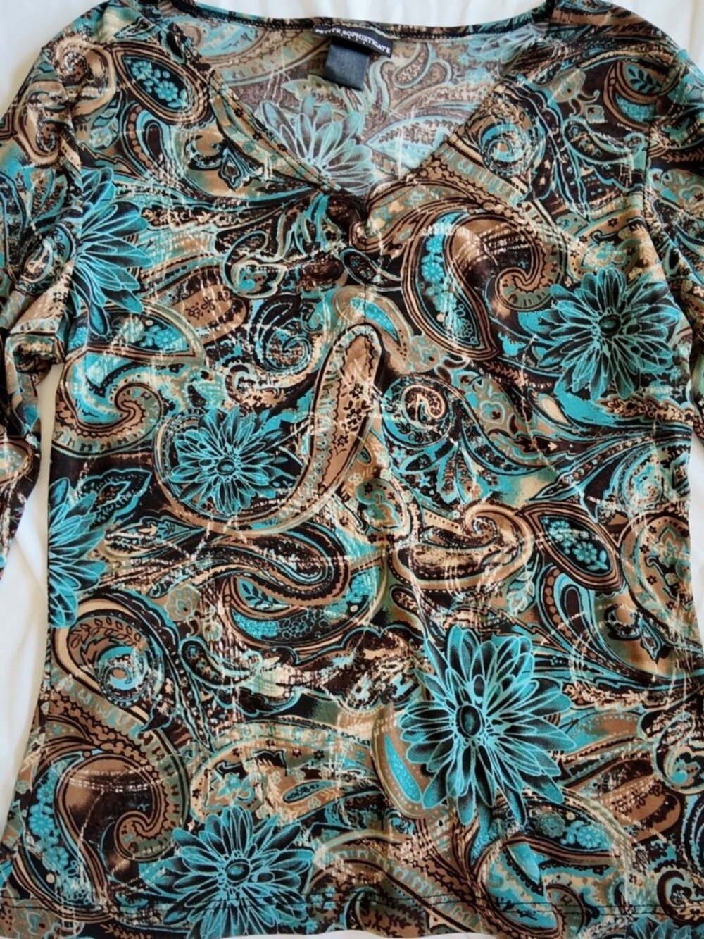 Vintage Paisley Floral Top Teal & Brown Size S 90s Y2k Whimsygoth